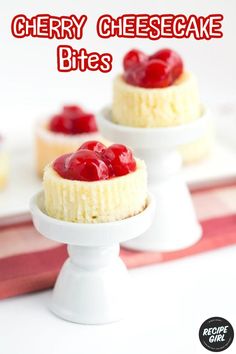 three small cheesecakes with cherries on top and the words cherry cheesecake bites above them