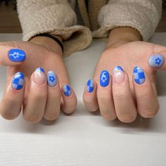 Blue Retro Nails, Athestic Nails, Fun Blue Nails, Buff Nails, Retro Nails, Super Cute Nails, Blue Monday, Broken Nails, Simple Gel Nails