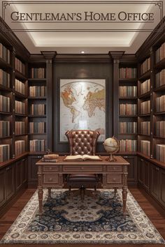 an office with bookshelves and a desk in front of a world map on the wall