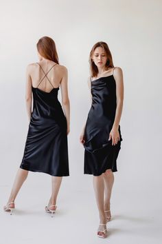 Chic Silk Night Dress, Elegant Backless Silk Dress For Night Out, Chic Silk Slip Dress For Night, Elegant Modal Satin Slip Dress For Night, Black Backless Bias Cut Slip Dress, Elegant Satin Summer Night Dress, Elegant Satin Dress For Summer Nights, Night Dresses With Bias Cut And Spaghetti Straps, Sleek Silk Slip Dress For Night