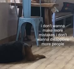 a dog laying on the floor in front of a table with chairs and a laptop