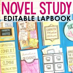 the novel study editable lapbook is displayed on a blue background with pink and yellow writing