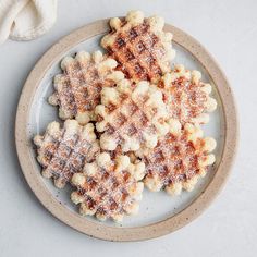 some waffles are on a plate with powdered sugar