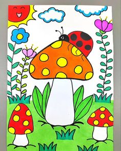 a drawing of a ladybug sitting on top of a mushroom in the grass