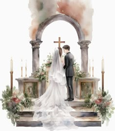 a watercolor painting of a bride and groom in front of an altar with candles