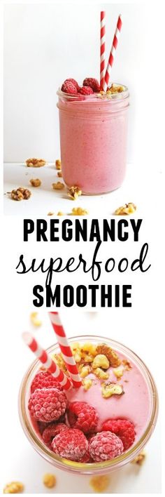 a smoothie with raspberries in it and the words, pregancy superfood smoothie