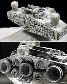 two pictures of a model of a star wars ship