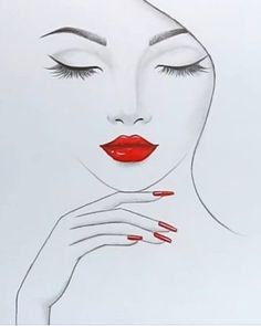 a drawing of a woman's face with red nails