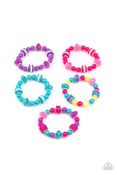 four bracelets with different colors and designs on them, one is pink, the other is blue