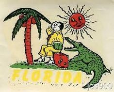 a drawing of a man sitting on top of a crocodile next to a palm tree