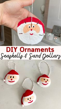 santa claus ornament hanging on a kitchen counter with text overlay that reads diy ornaments seashells and sand dollars