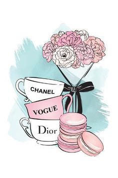 a bouquet of flowers in a vase next to two pink macaroons with the words chanel, voque dior