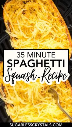 spaghetti is being cooked on the grill with text overlay that reads 35 minute spaghetti squash recipe