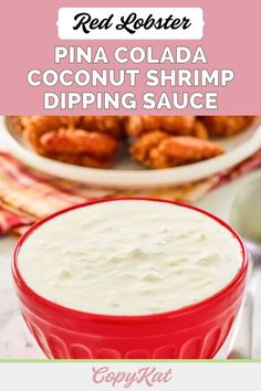 pina colada coconut shrimp dipping sauce in a red bowl with text overlay