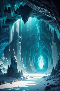 the inside of a cave with ice formations and water flowing from it's ceiling