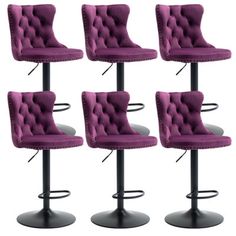 six purple velvet bar stools with swivel back and foot rests on a black metal base