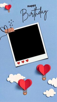 an image of a birthday card with hearts and hot air balloons flying in the sky