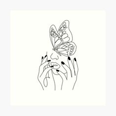 a black and white drawing of a woman's hands holding a butterfly on her finger