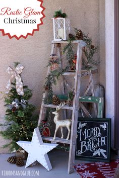 a christmas tree made out of an old ladder and other decorations on the porch with text overlay that says rustic glam christmas