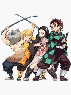 some anime characters are holding swords