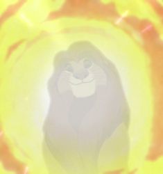 the lion is sitting in front of an orange and yellow background with light coming from it