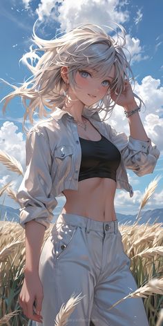 a young woman with flowing, windswept hair resembling wispy clouds. A stylish, white crop top, adorned with silver accents that resemble wind currents, hugs her slender figure. Loose-fitting white pants billow gently around her legs  #fantasy #portrait #anime Woman With White Hair Art, Wind Animation, God Fashion, Windswept Hair, Wispy Clouds, Paige Halliwell, Animation Character, Digital Assets, Dreamy Art