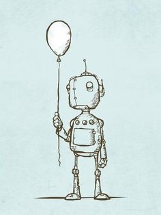 a drawing of a robot holding a balloon in its hand and looking at the camera