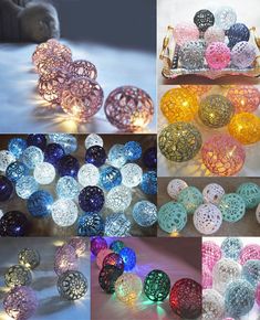 there are many different types of lights in this photo collage, including glass balls