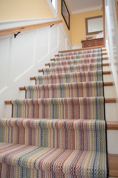 Carpet with muted tones, offering a subtle splash of color that adds character to your space while maintaining an understated look Carpet Runner On Stairs, Runner On Stairs, Stairway Carpet, Colorful Carpet, Stair Carpet, Wall Carpet, Rug Gallery, Muted Tones