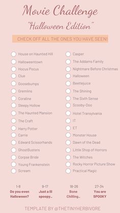 the ultimate movie challenge halloween edition checklist is shown in pink and orange with white circles