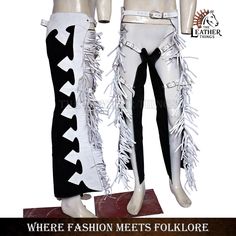 Description: You can ride with our Native American Western Cowboy Flare Chap Fringe Suede Riding Pants. By wearing it, your personality will look attractive and dignified These sturdy and beautiful handmade, unisex riding chaps are crafted from high-quality cowhide leather. Unrivaled in durability, offering the perfect balance of comfort and classic western design This pint-sleek suede finish feels luxurious and increases your traction while riding. It has a rugged, authentic White and Black cowboy vibe thanks to its distinctive edge on the sides. Makes for a real spectacle for fans of western fashion. These pants are suitable for both men and women. Features High Quality Cowhide Leather Size Type: Available Regular Colour: White and Black Perpartion:Handmade Western Cowboy Chap Outer Shel Native American Western, Cowboy Chaps, Western Chaps, Western Show Clothes, Riding Chaps, Cowboy Pants, Chapeau Cowboy, American Western, Black Cowboy