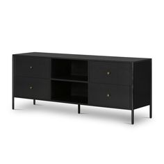 the sideboard is black and has three drawers