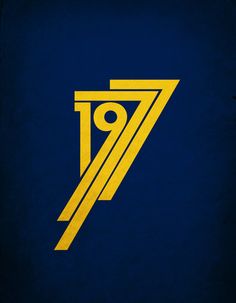 a blue and yellow poster with the number seven in it's center, on a dark background