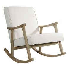 a wooden rocking chair with a white cushion