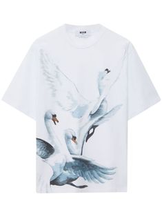 white/multicolour cotton graphic print to the front round neck short sleeves straight hem White Digital Print Top For Summer, White Digital Print Top For Spring, White Digital Print Short Sleeve Tops, White Short Sleeve T-shirt With Digital Print, Swan Print, Wardrobe Edit, City Dress, Iconic Bags, Demi Fine Jewelry