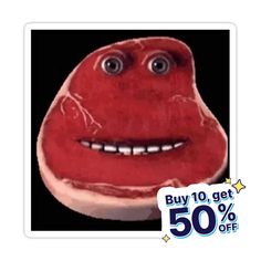 a red stuffed animal with big eyes and teeth on it's face for $ 50 off