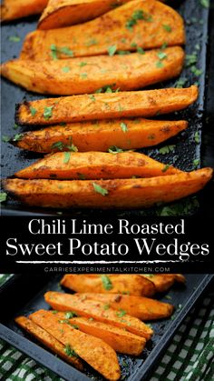 grilled sweet potato wedges on a baking sheet with parsley in the background