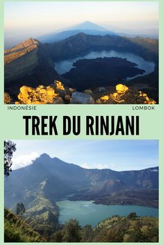 the cover of trek du rinjani, with two photos of mountains in the background