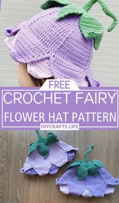 two crochet hats with green leaves on them and the text free crochet fairy flower hat pattern