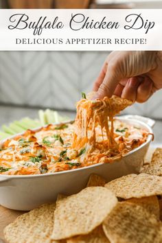 buffalo chicken dip with tortilla chips on the side