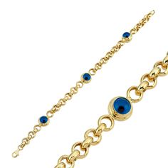 14K Yellow Gold Chain Bracelet With Glass Evil Eyes. Chain measures 6 3/4" in length and adjustable. Lobster claw closure. This elegant piece features double-sided evil eye motifs, always showcasing their protective charm. Elevate your style and carry a symbol of positivity wherever you go. They are not just jewelry; but timeless talisman. Care tips: It will not oxidize or discolor. But since gold is a very soft metal that scratches easily, give it a wipe with a jewelry cloth once and awhile to keep it fresh. 14k Yellow Gold Evil Eye Bracelets, Gold-plated Yellow Gold Evil Eye Bracelet, 14k Gold Bracelets With Evil Eye, Yellow Gold Round Evil Eye Bracelet, Yellow Gold Evil Eye Bracelet, Blue Evil Eye Bracelet, Protective Charms, Gold Chain Bracelet, September Birthstone Jewelry