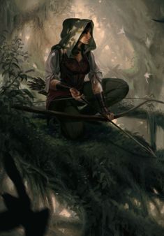 a painting of a woman sitting on top of a tree in the middle of a forest