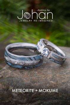 Meteorite and Mokume Wedding Rings Masc Lesbian Engagement Rings, Meteorite Ring Engagement, Space Wedding Ring, Wedding Rings For Men Unique, Native American Wedding Rings, Mokume Gane Ring Wedding, Custom Wedding Rings Sets, Unique Wedding Ring Sets, Lesbian Engagement Ring