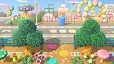 an animal crossing game with trees, flowers and other items on the ground in front of a park