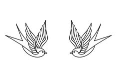 two black and white birds with arrows on their wings are facing each other in opposite directions