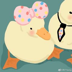 two white ducks with pink bows and polka dots on their heads are facing each other