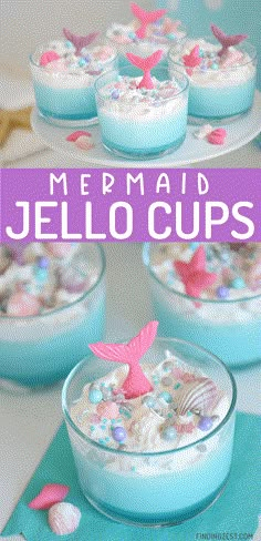 some little desserts are sitting in small bowls on a table with the words mermaid jello cups above them