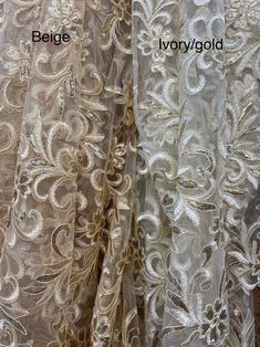 two different types of sheer curtains with gold and white laces on the bottom side