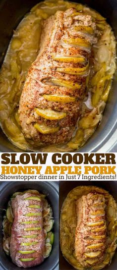 slow cooker pork roast with potatoes and gravy in the crock pot