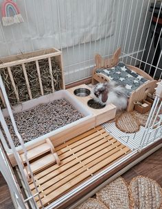 a hamster eating out of its food dish in a cage with other items surrounding it